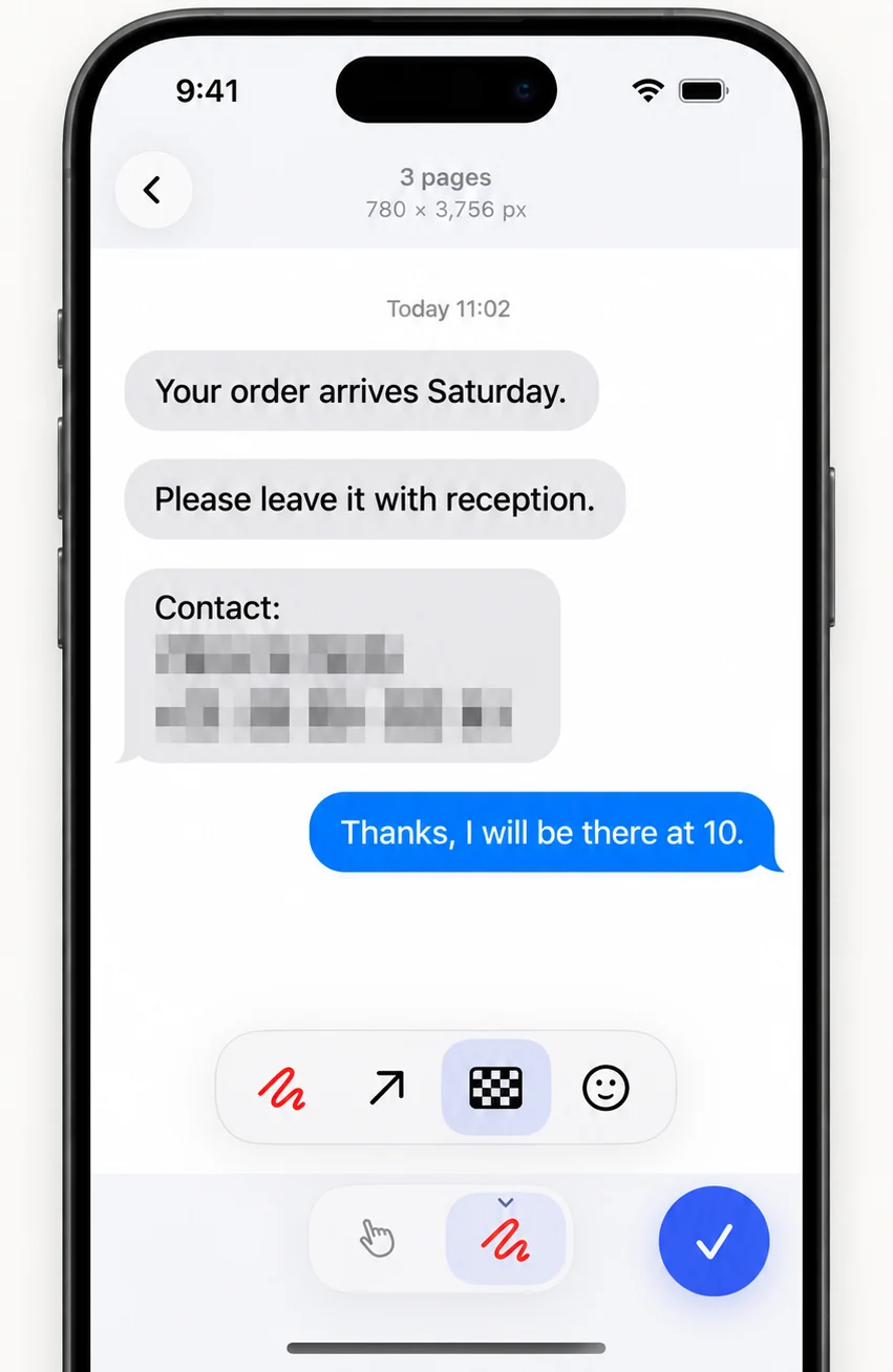 Mosaic covering a phone number in a long chat screenshot